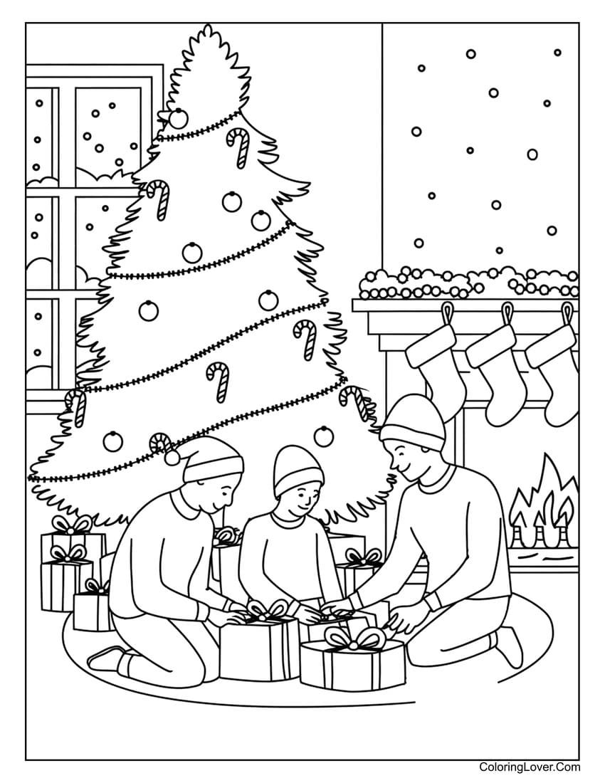 Family opening gifts under Christmas tree coloring page