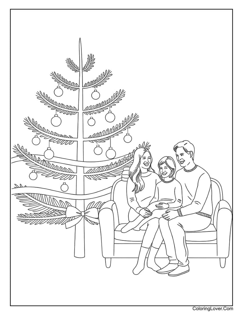 Family sitting near Christmas tree coloring page

