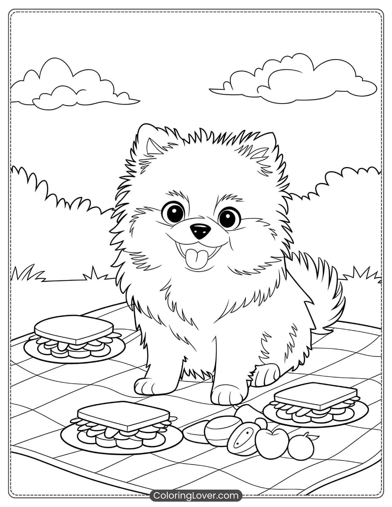 Fluffy Pomeranian puppy enjoying a picnic coloring page