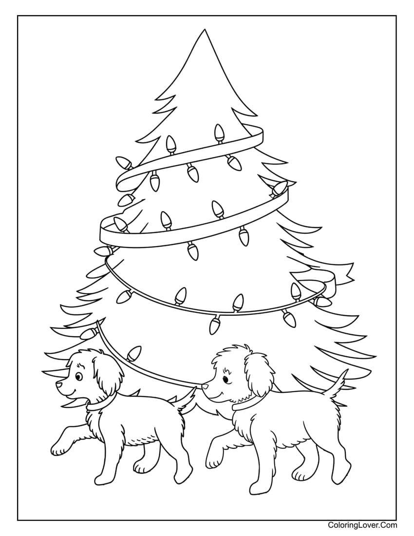 Free printable Christmas tree coloring page with puppies