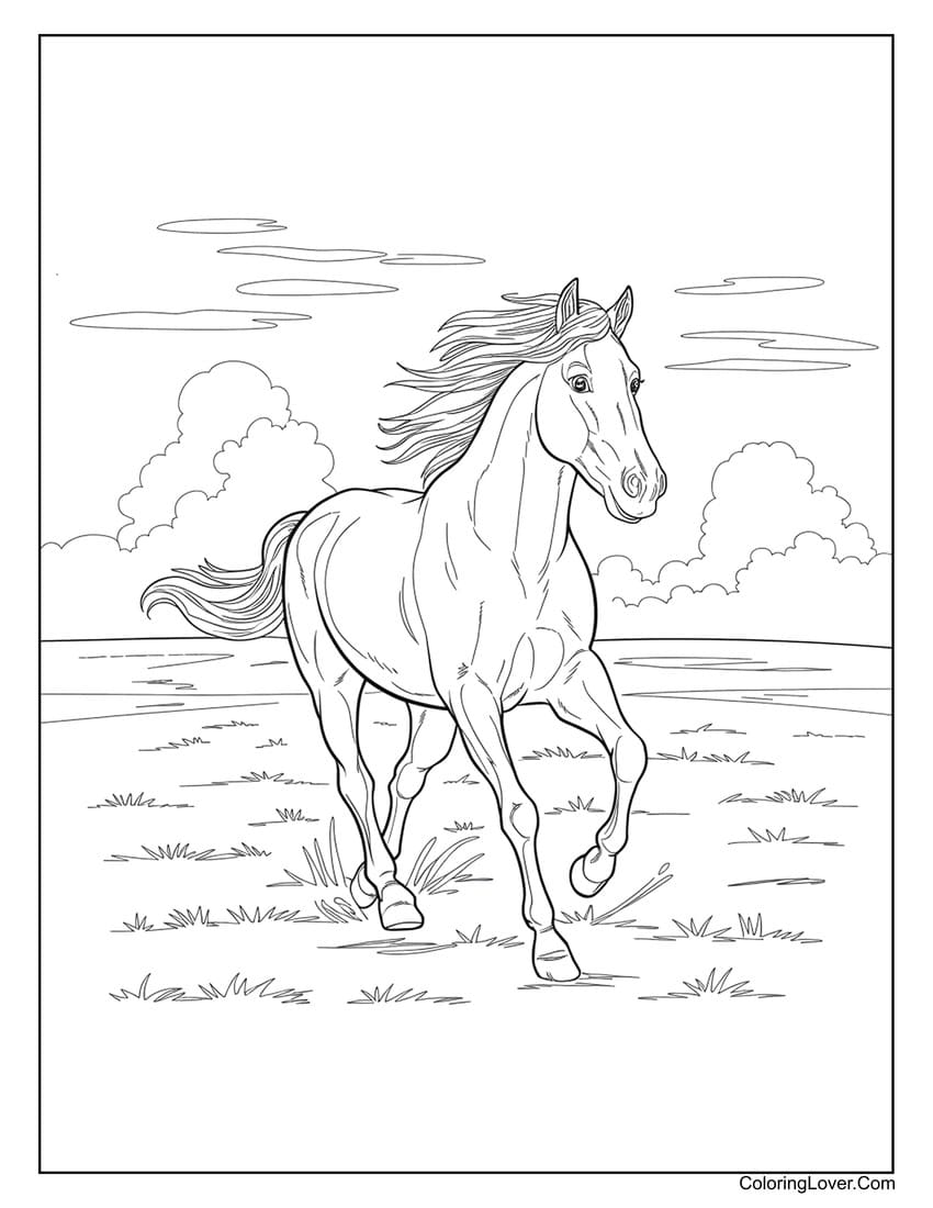 Galloping horse in meadow coloring page