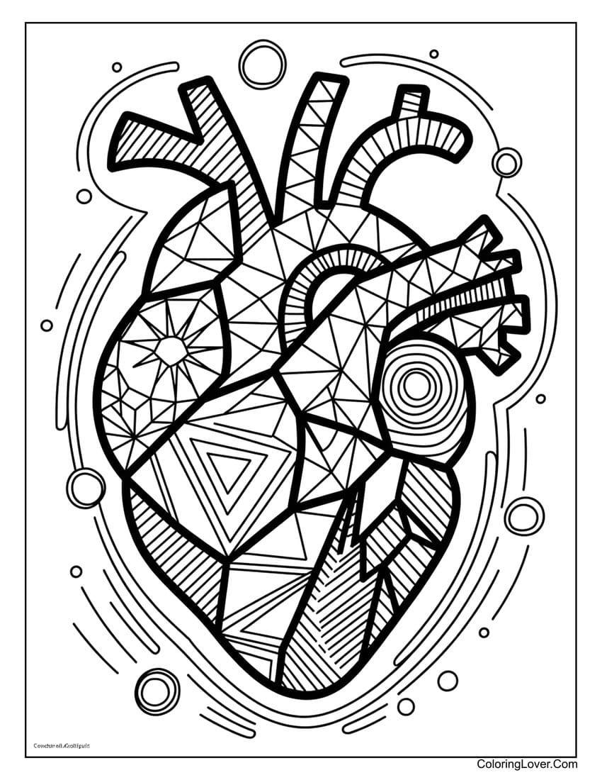 Geometric heart coloring page with abstract design