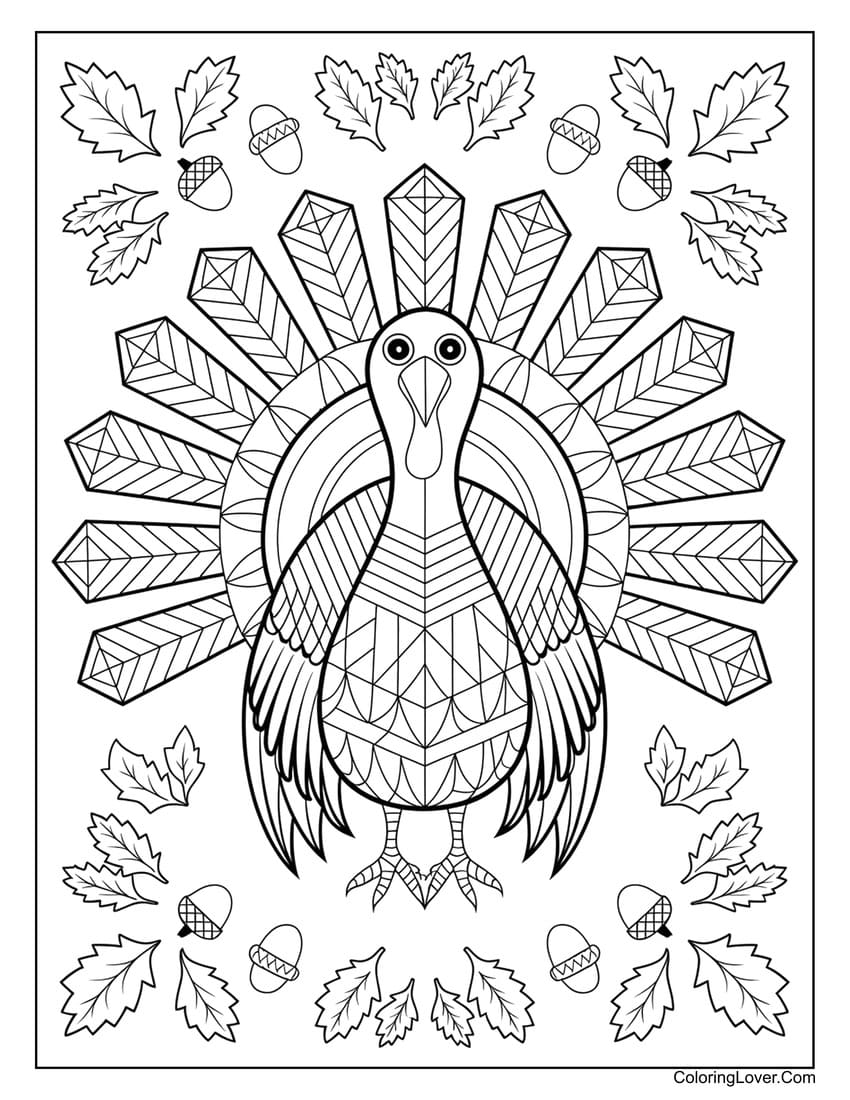 Geometric turkey with leaves and acorns coloring page