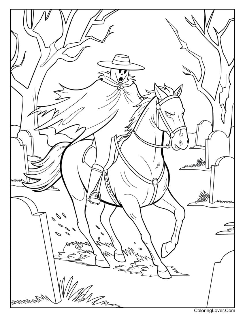 Ghostly rider on horse in graveyard coloring page