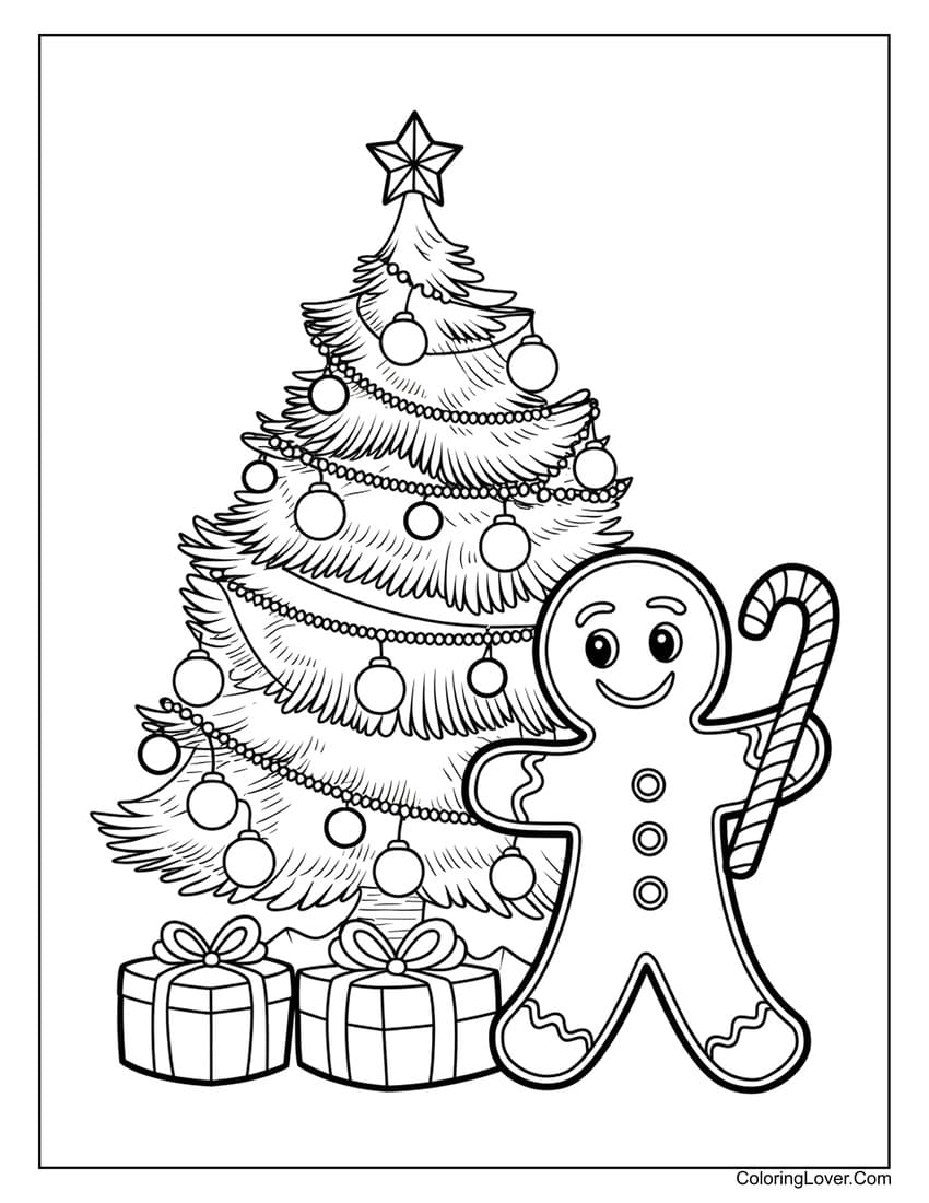 Gingerbread man with Christmas tree coloring page