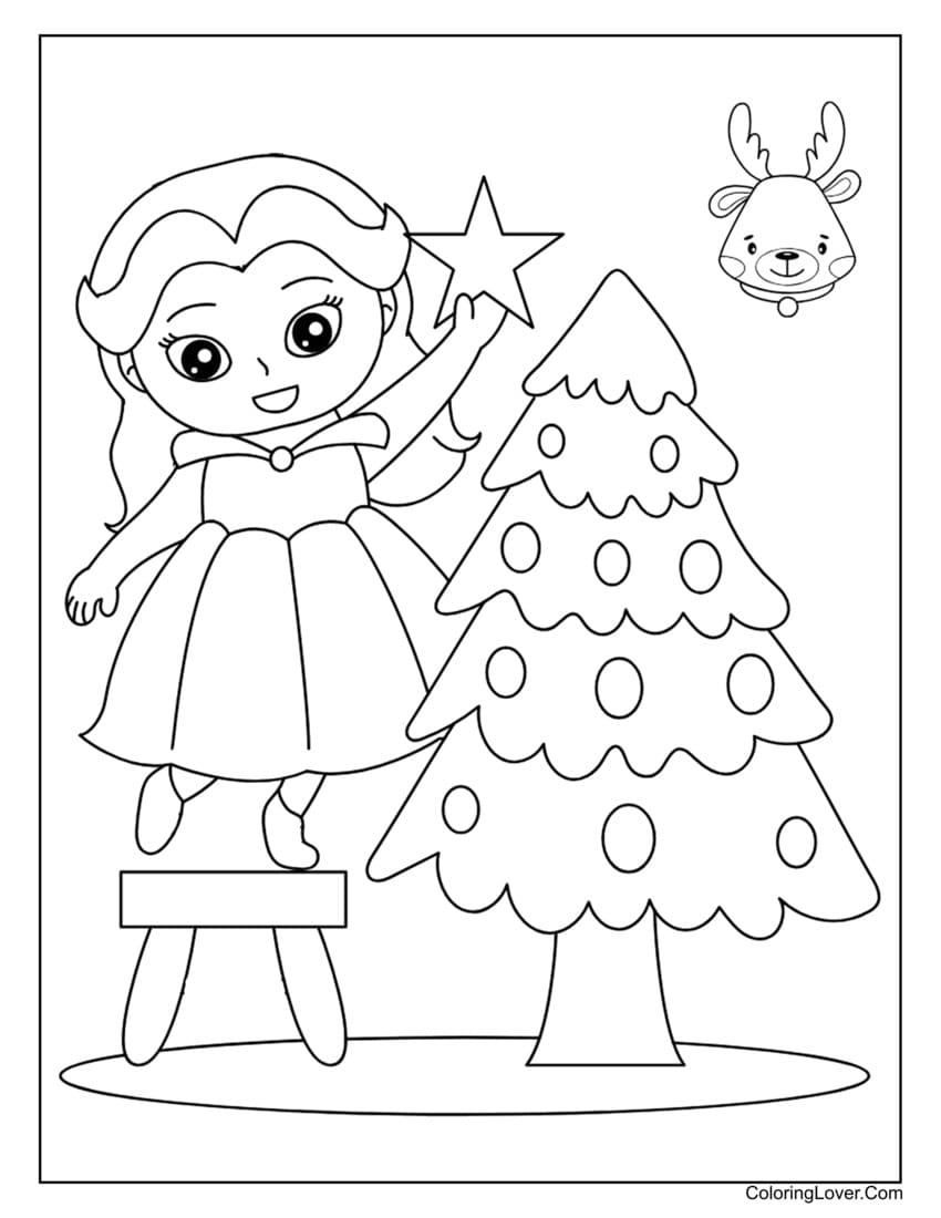 Girl decorating Christmas tree coloring page