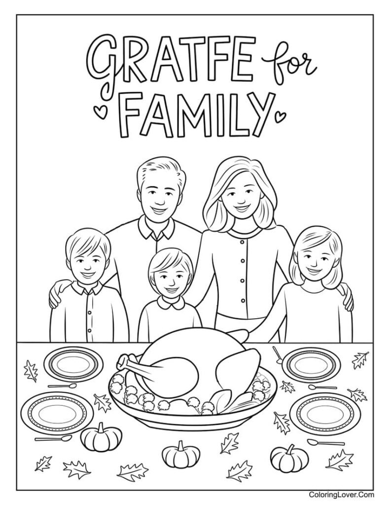 Grateful for family thanksgiving coloring page for kids