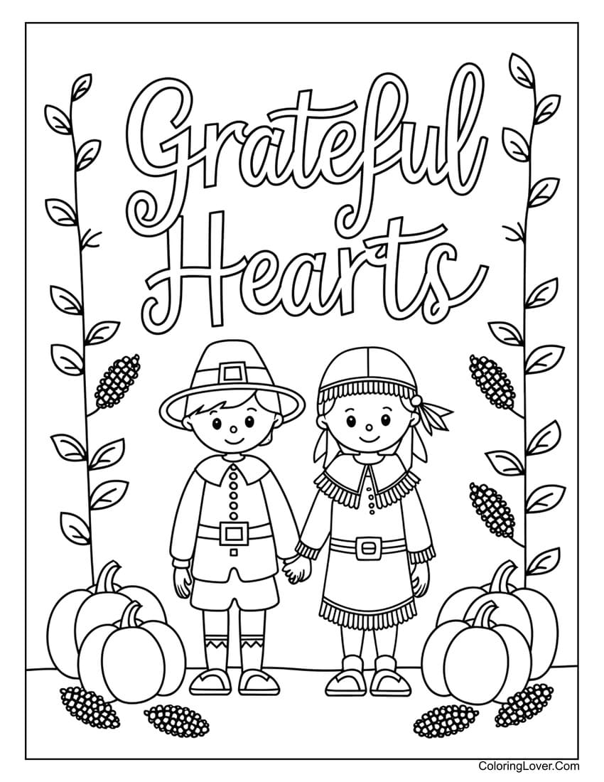 Grateful hearts pilgrim and native kids coloring page