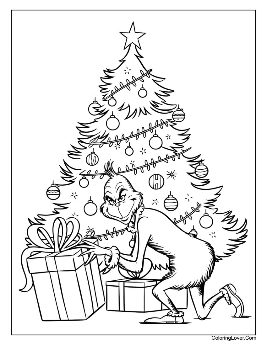 Grinch stealing Christmas presents coloring page
