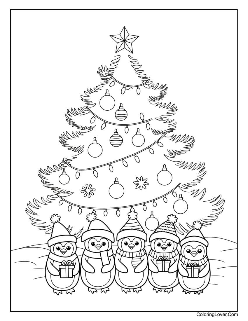 Group of penguins in front of Christmas tree