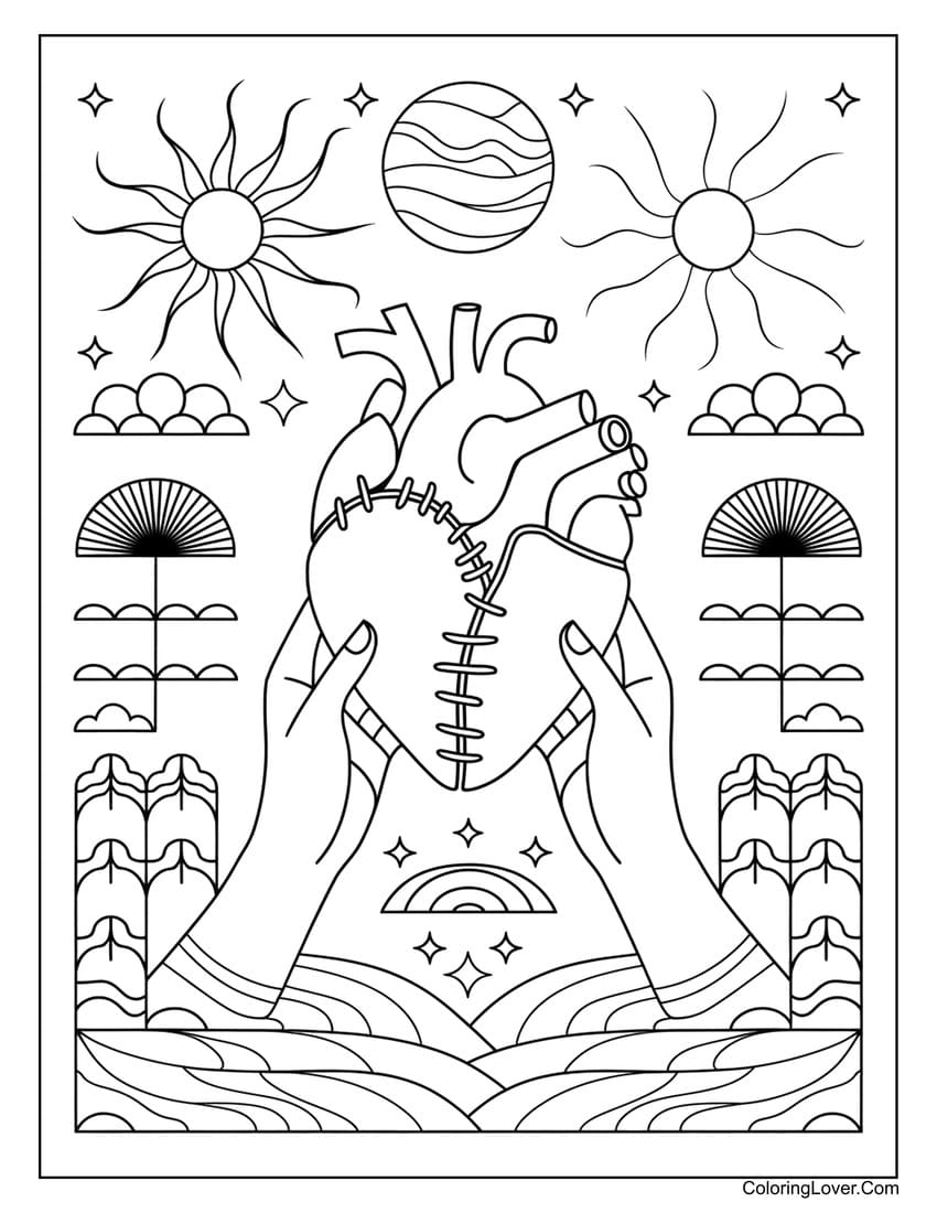 Hands holding a stitched heart coloring page