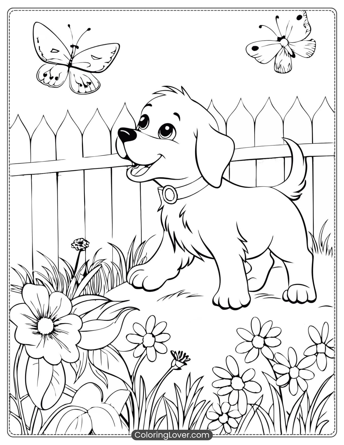 Happy puppy chasing butterflies in the garden
