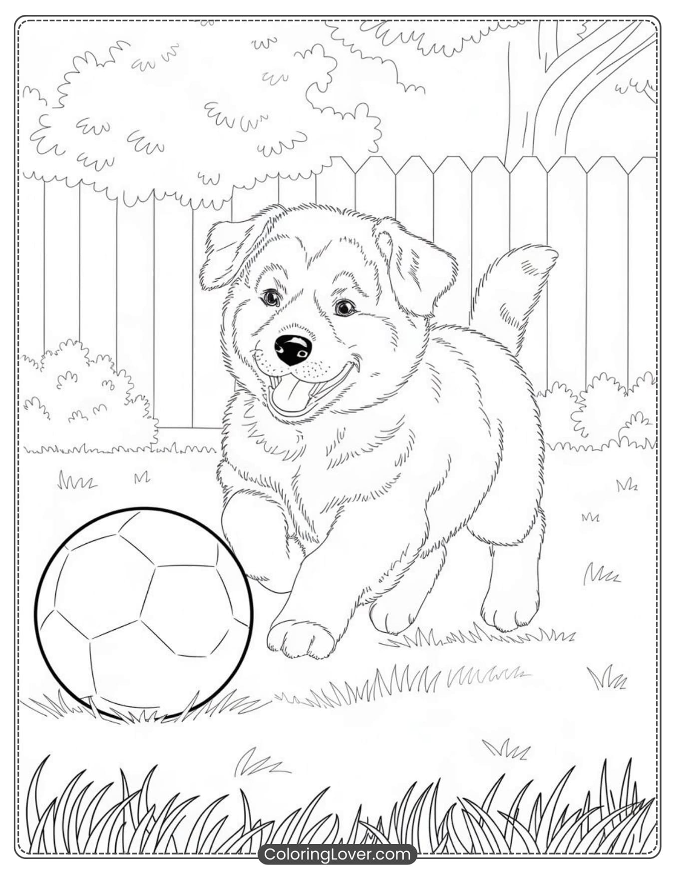 Happy puppy playing with a soccer ball coloring page