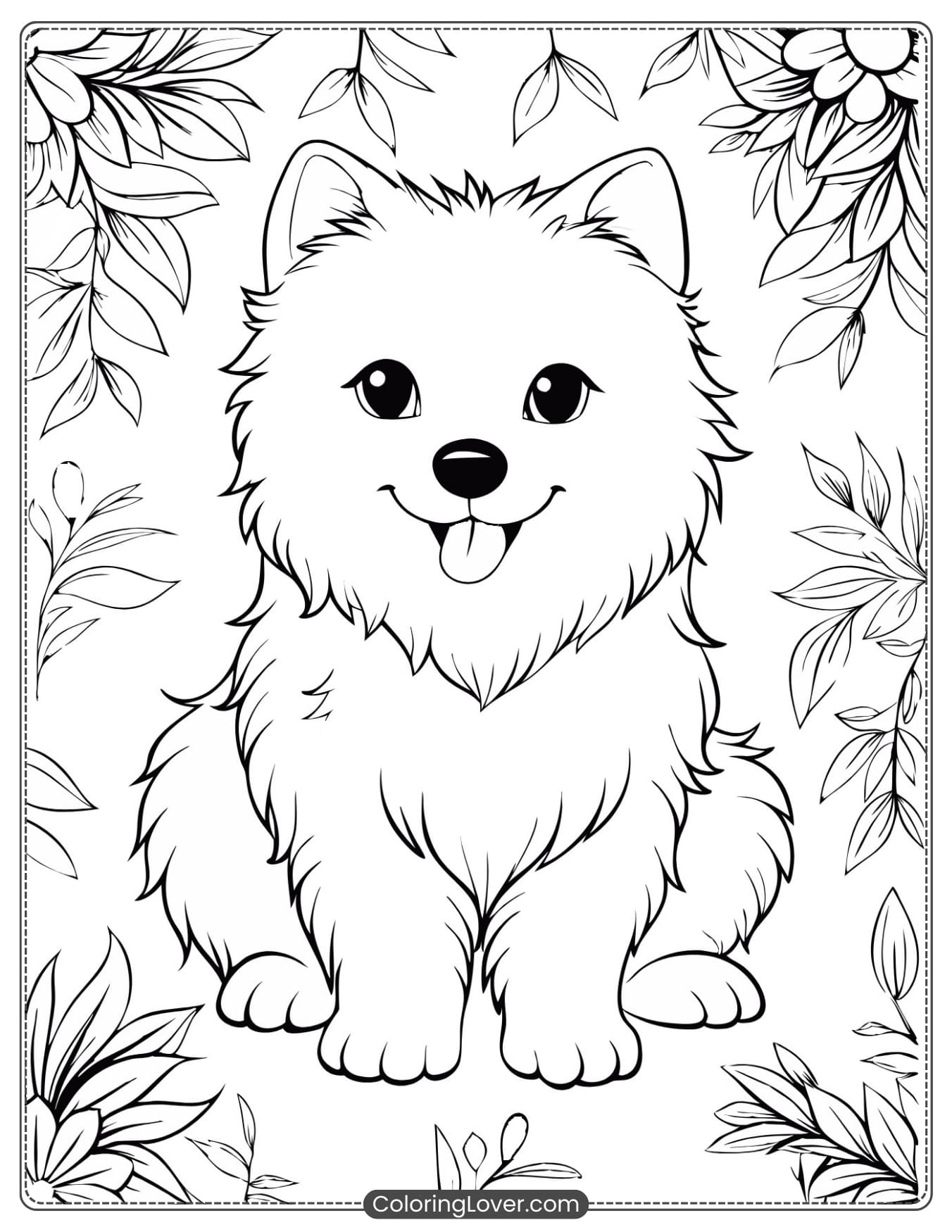 Coloring page of a happy puppy sitting surrounded by flowers