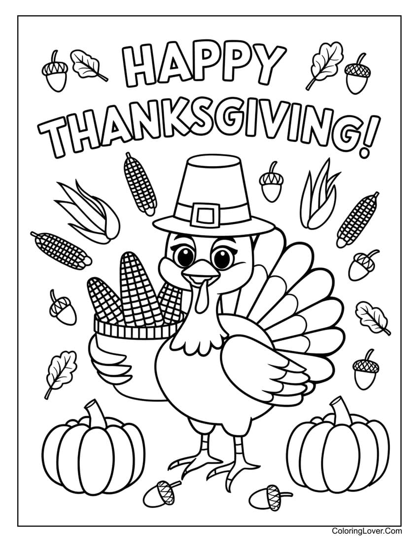 Happy Thanksgiving turkey coloring page for kids