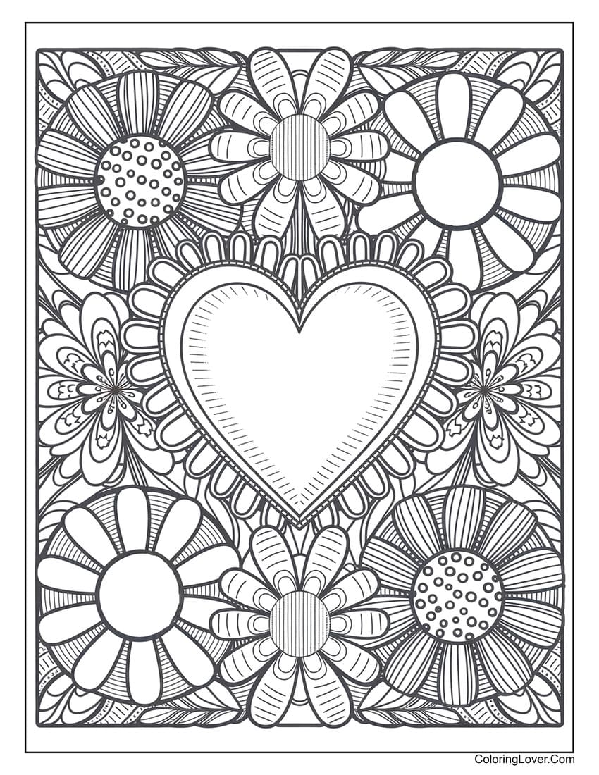 Heart and flowers coloring page for all ages