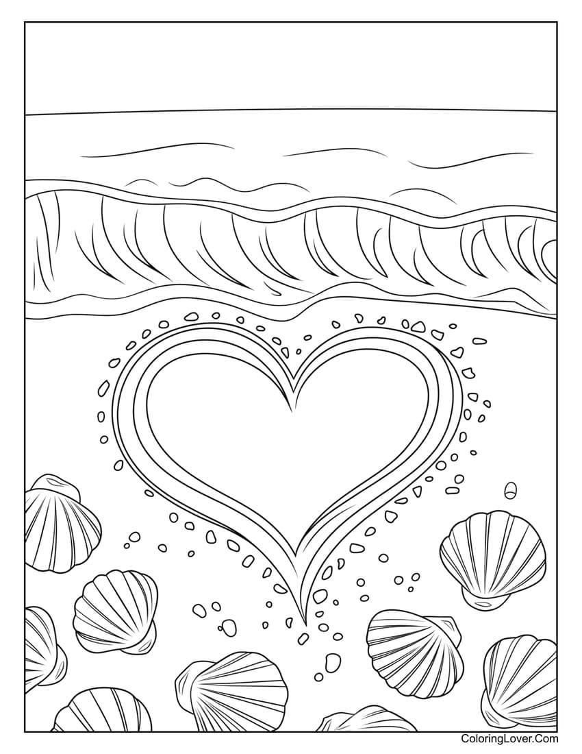 Heart drawn in sand with seashells