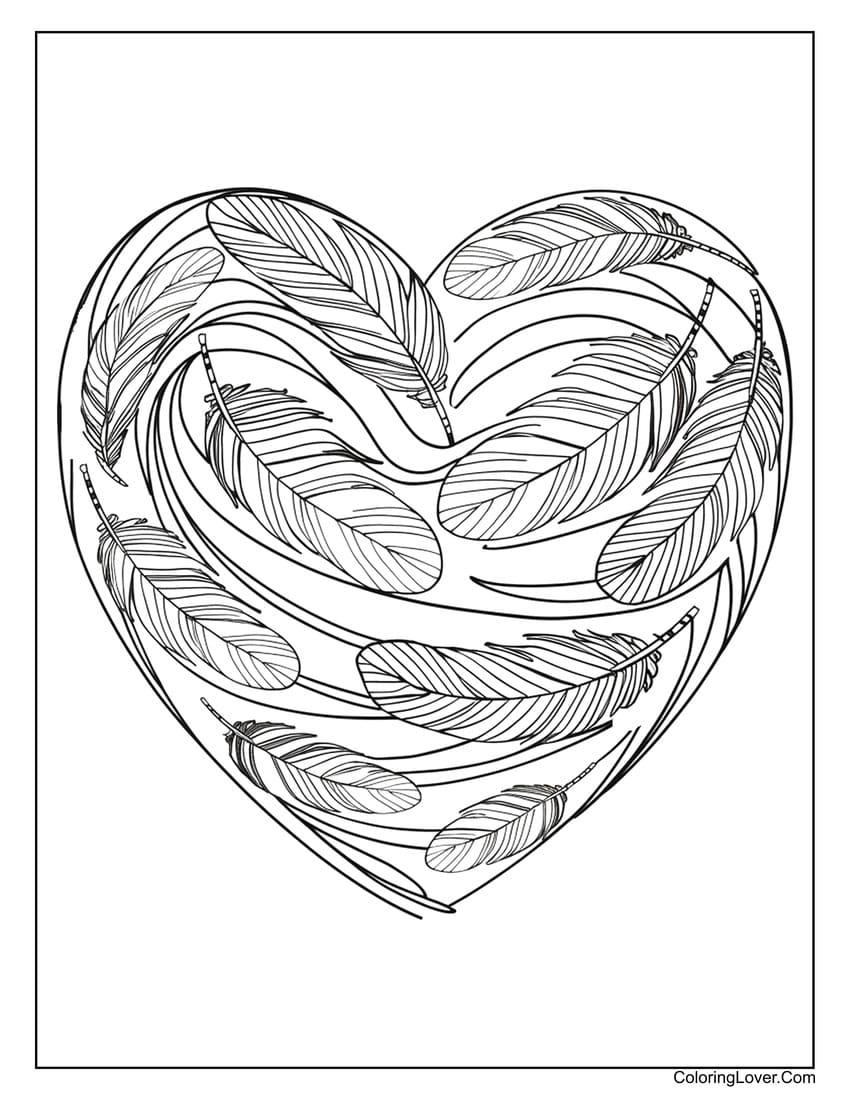 Heart filled with floating feathers coloring page