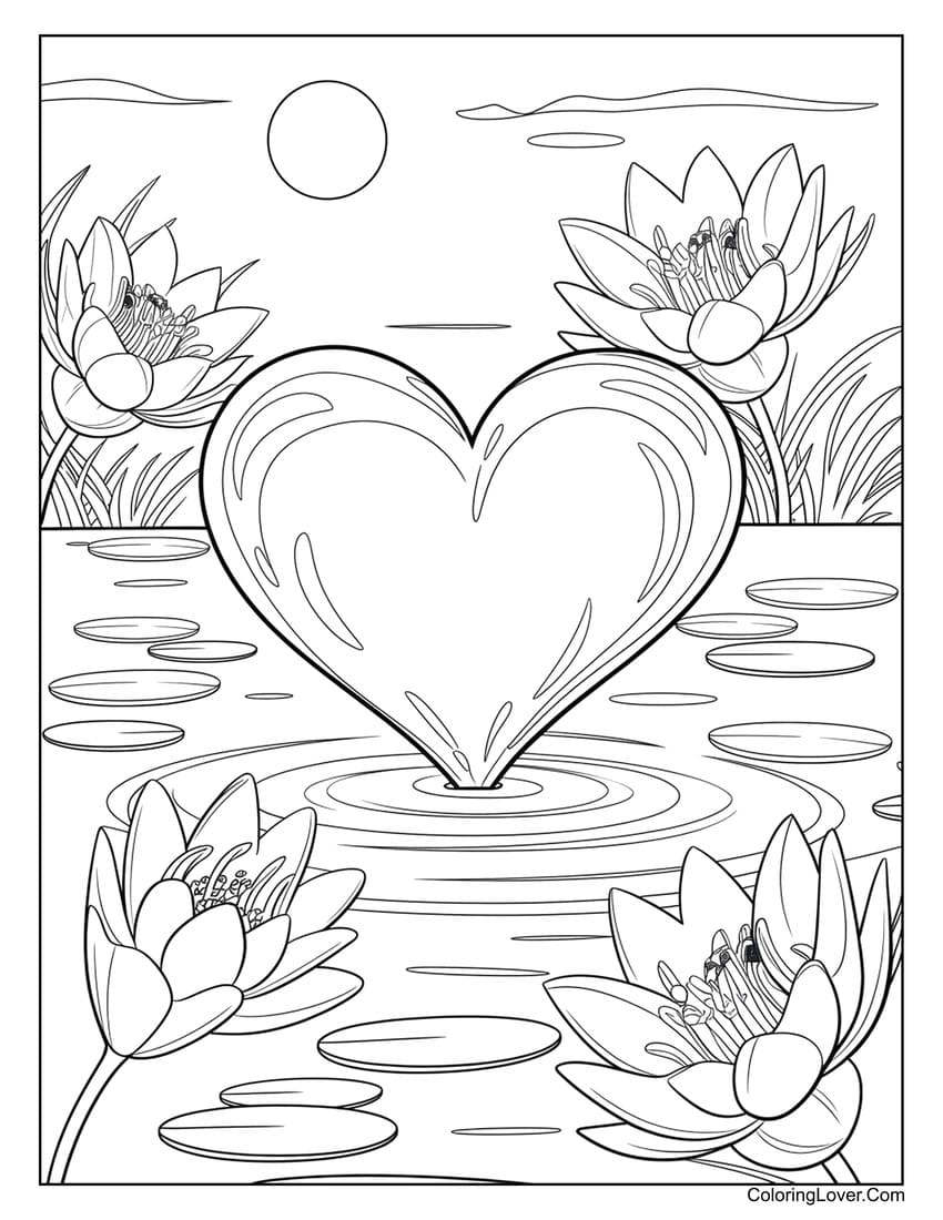 Heart floating on water with lotus flowers coloring sheet