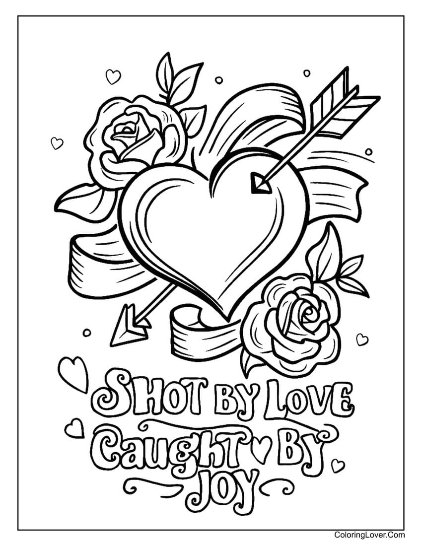 Heart pierced by an arrow with text "Shot by Love, Caught by Joy."