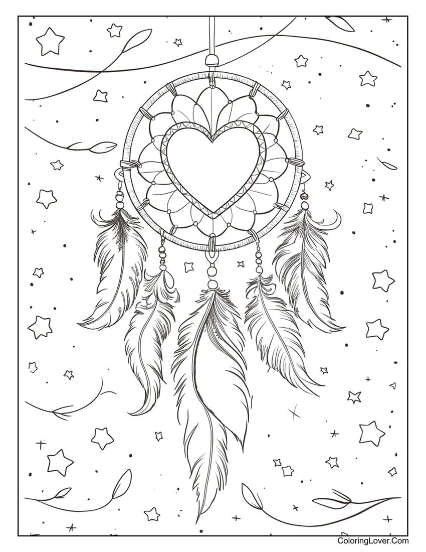 Heart-shaped dreamcatcher with stars and feathers