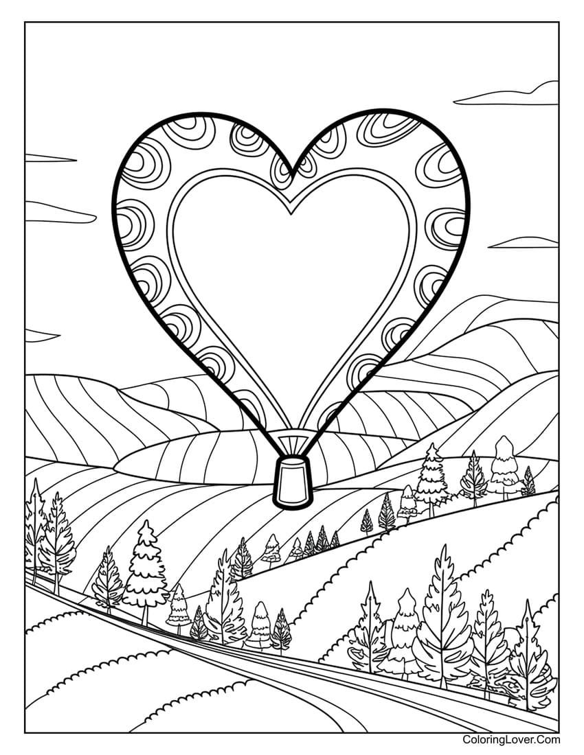 Heart shaped hot air balloon over landscape