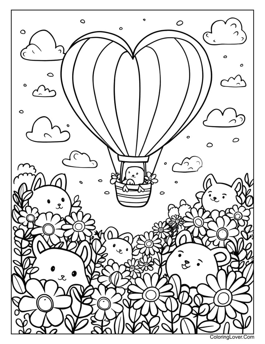 Heart-shaped hot air balloon with bear coloring page