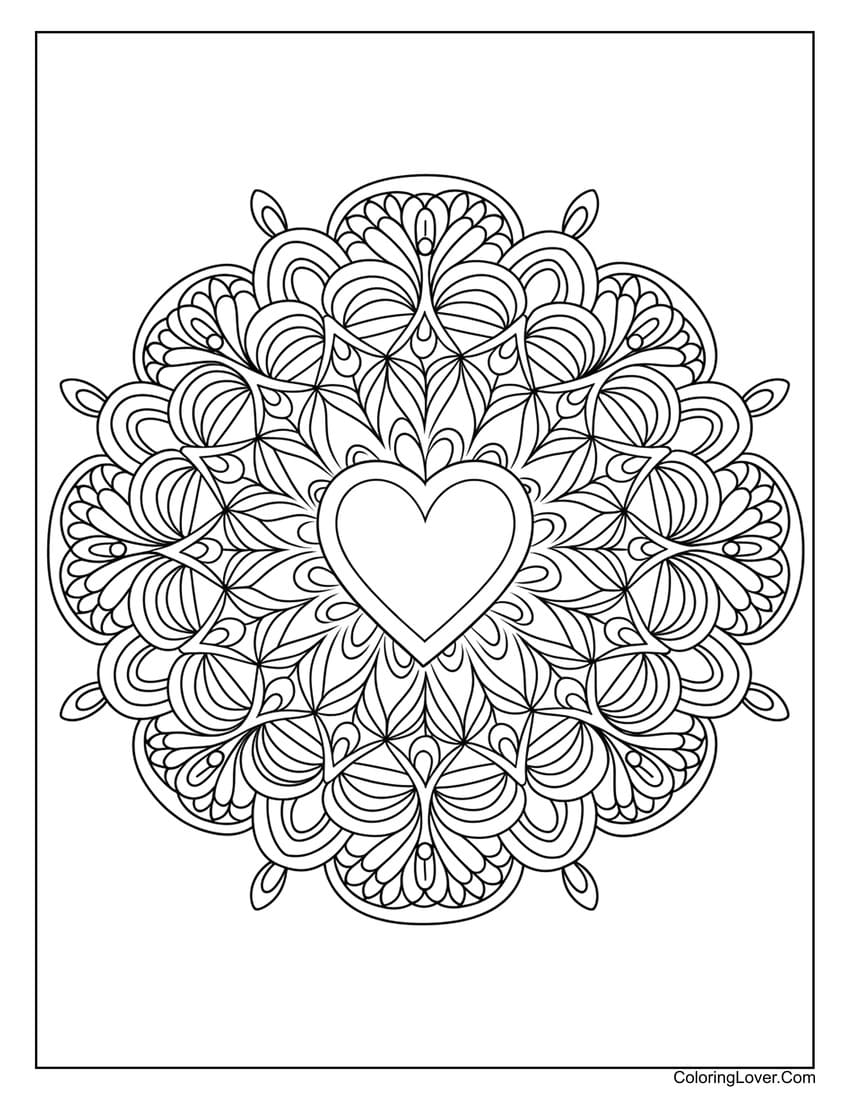 Heart-shaped mandala coloring page with intricate details