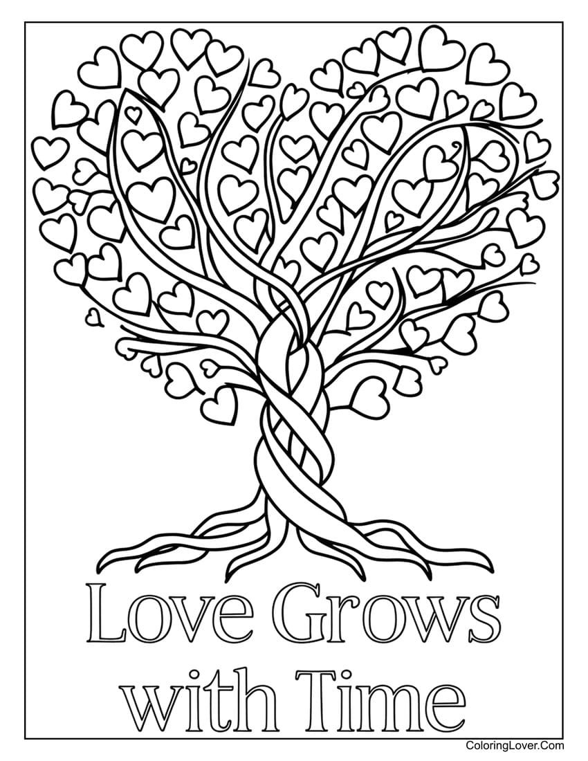 Heart-shaped tree with the text "Love Grows with Time"