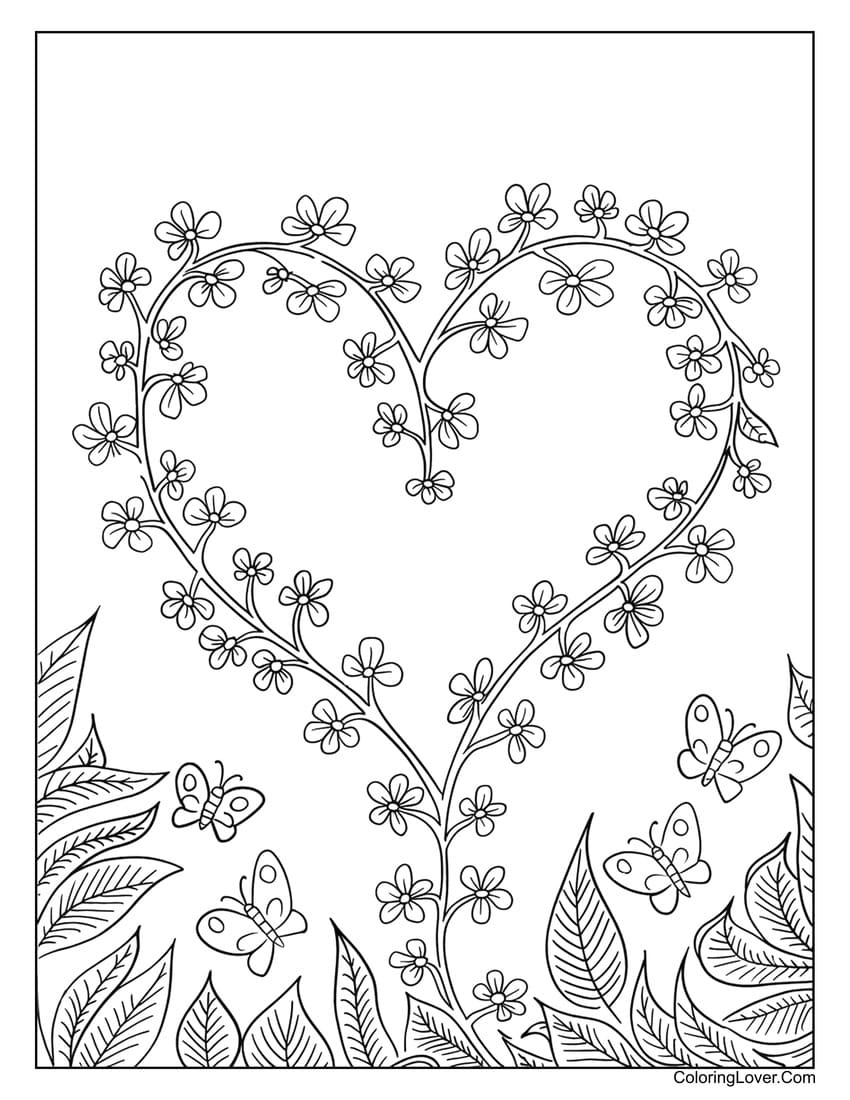 Heart-shaped vine with flowers and butterflies