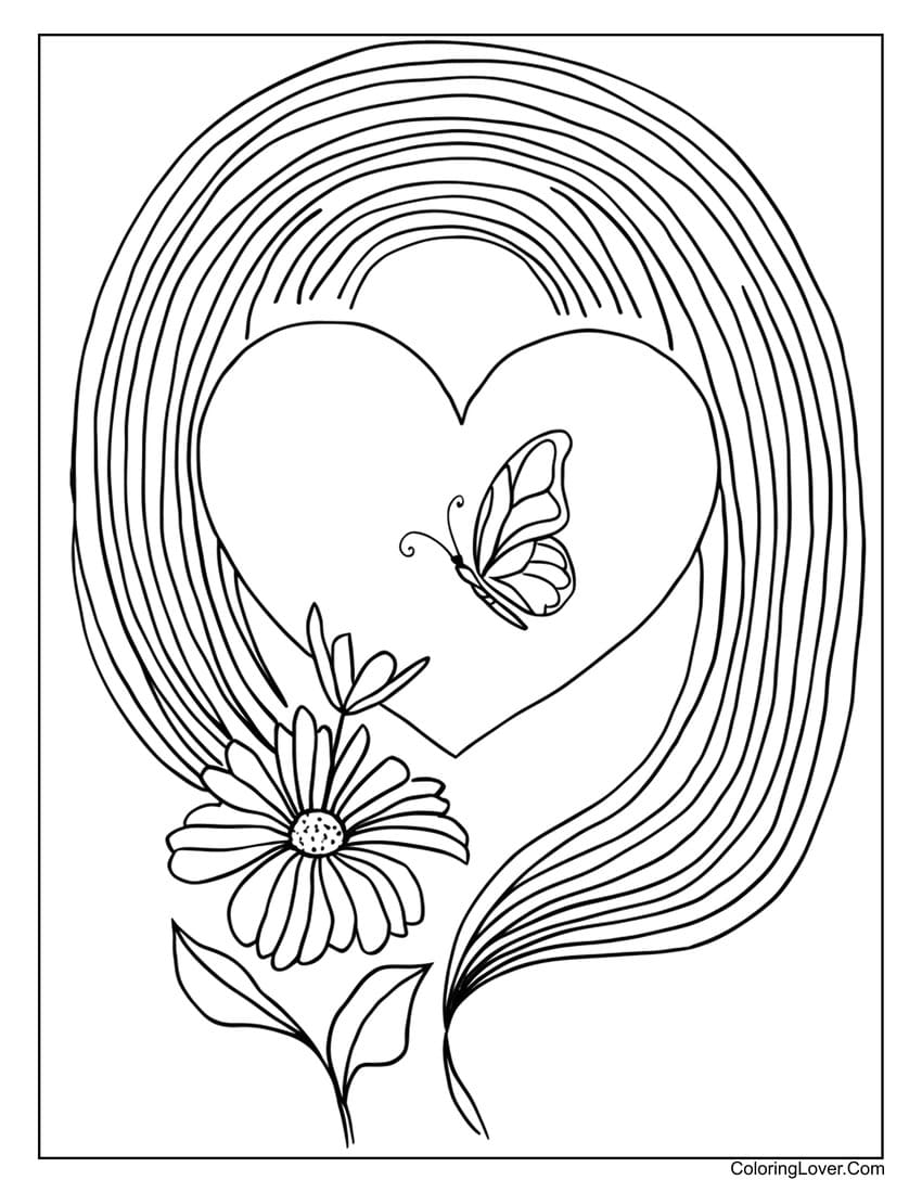 Heart with butterfly and daisy coloring page