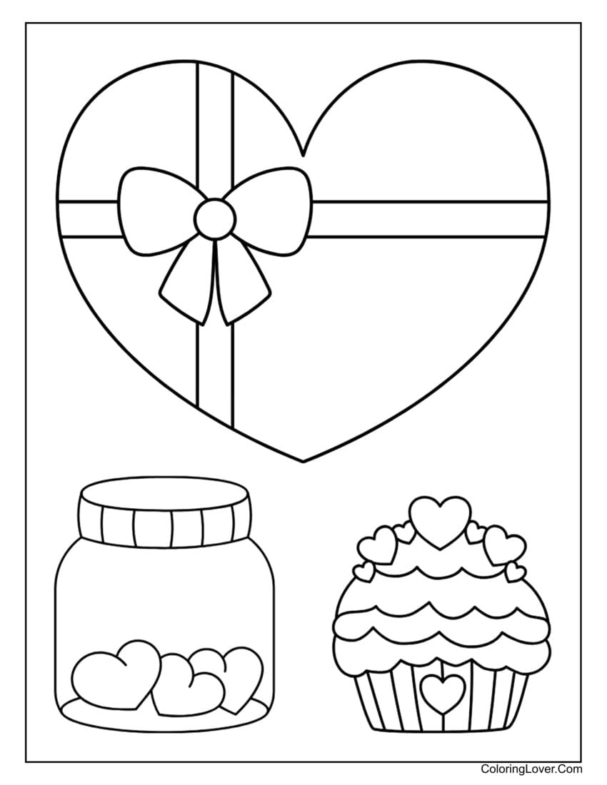 Heart with ribbon and sweets coloring page