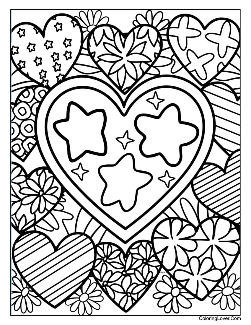 Hearts and stars with floral patterns coloring page