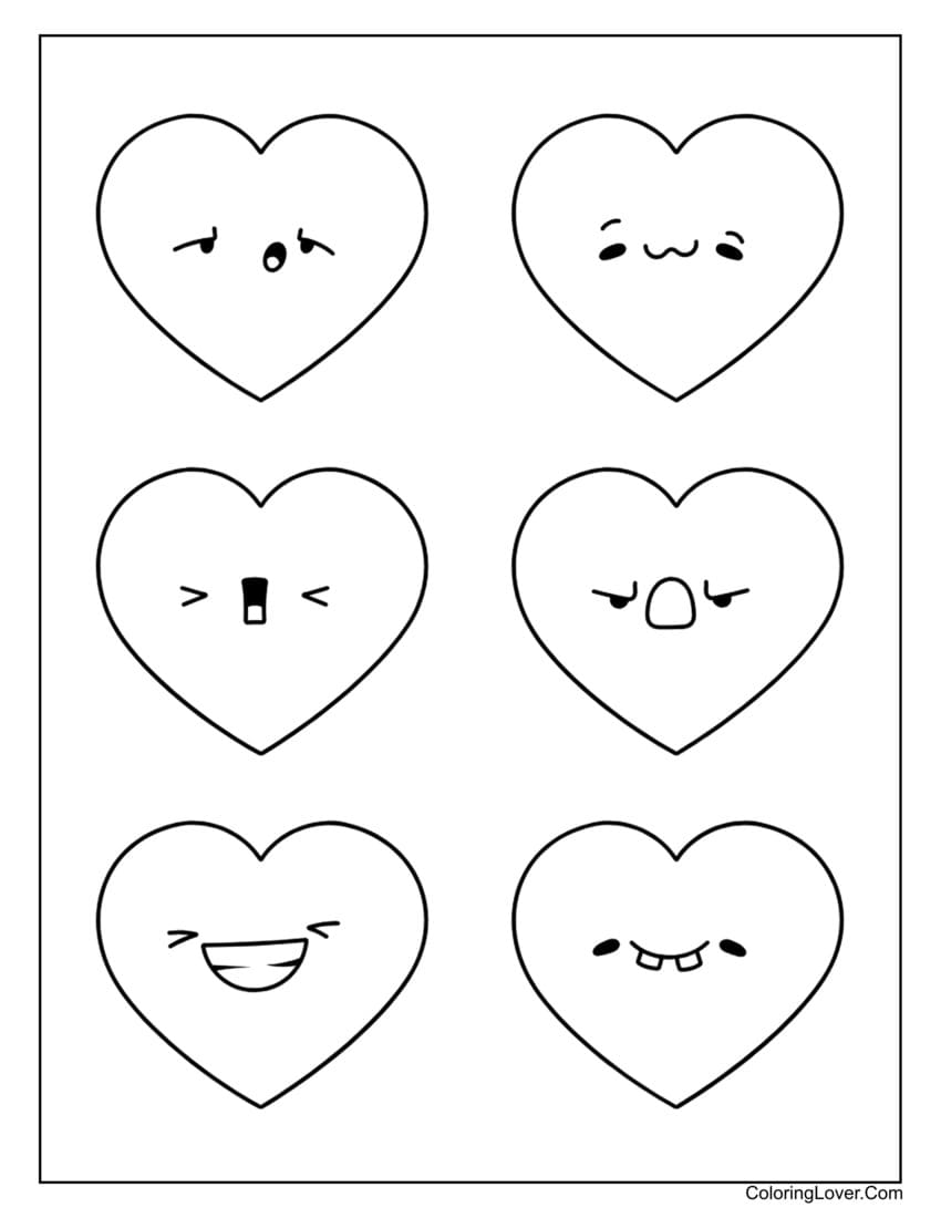 Hearts with different facial expressions coloring page