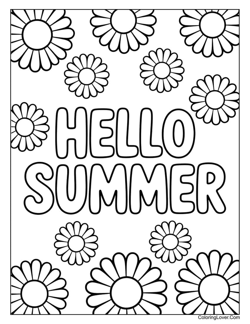 "Hello summer" text with blooming daisies coloring page