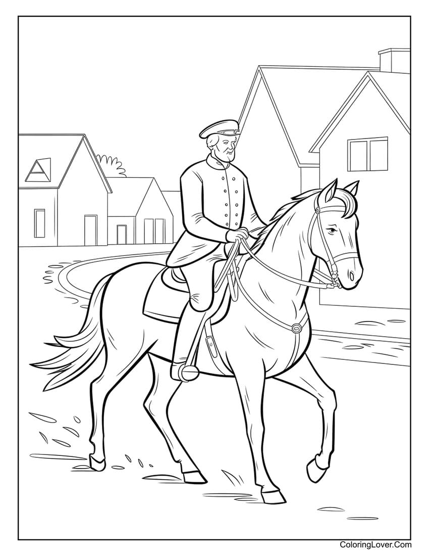 Historic postman riding a horse in a village coloring page