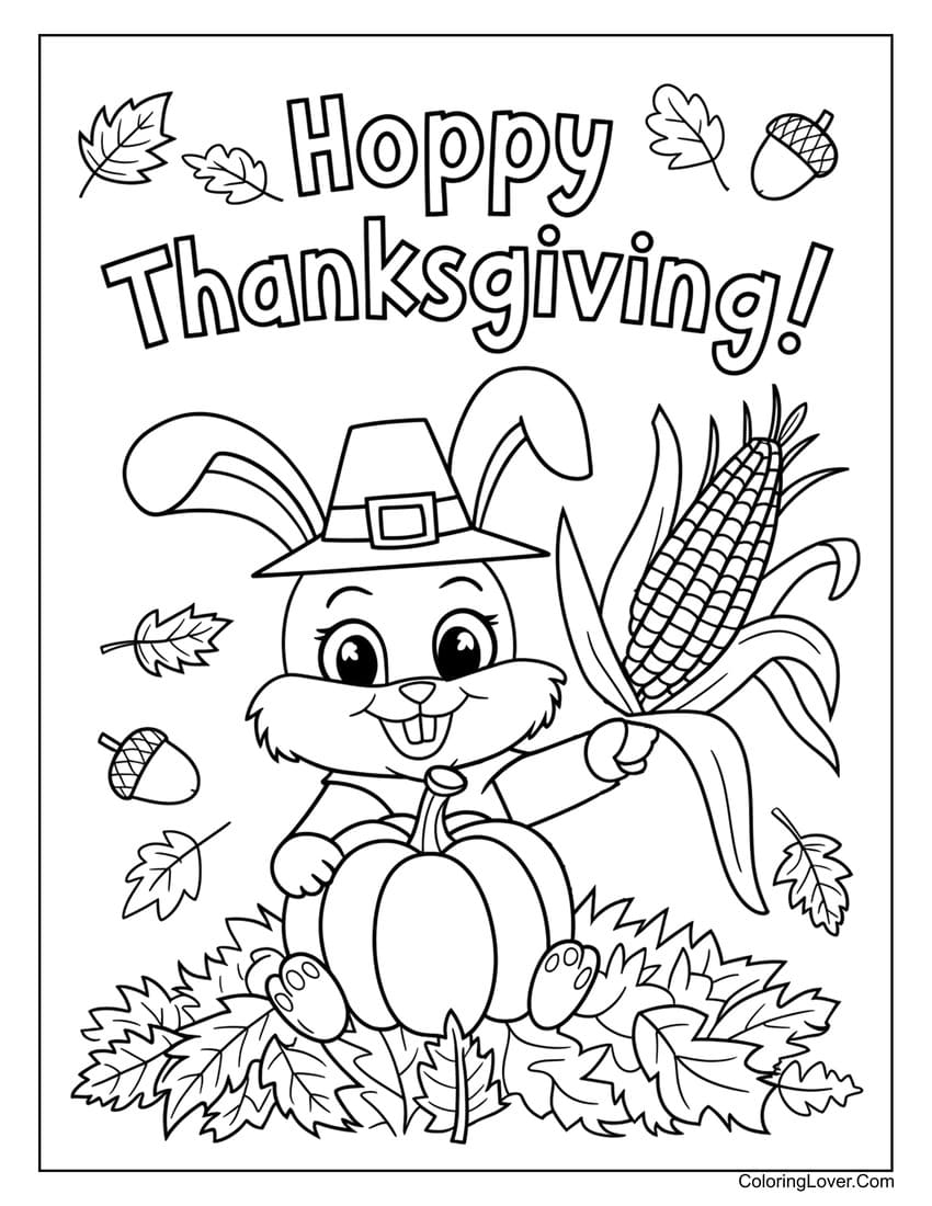 Hoppy Thanksgiving bunny with corn coloring page