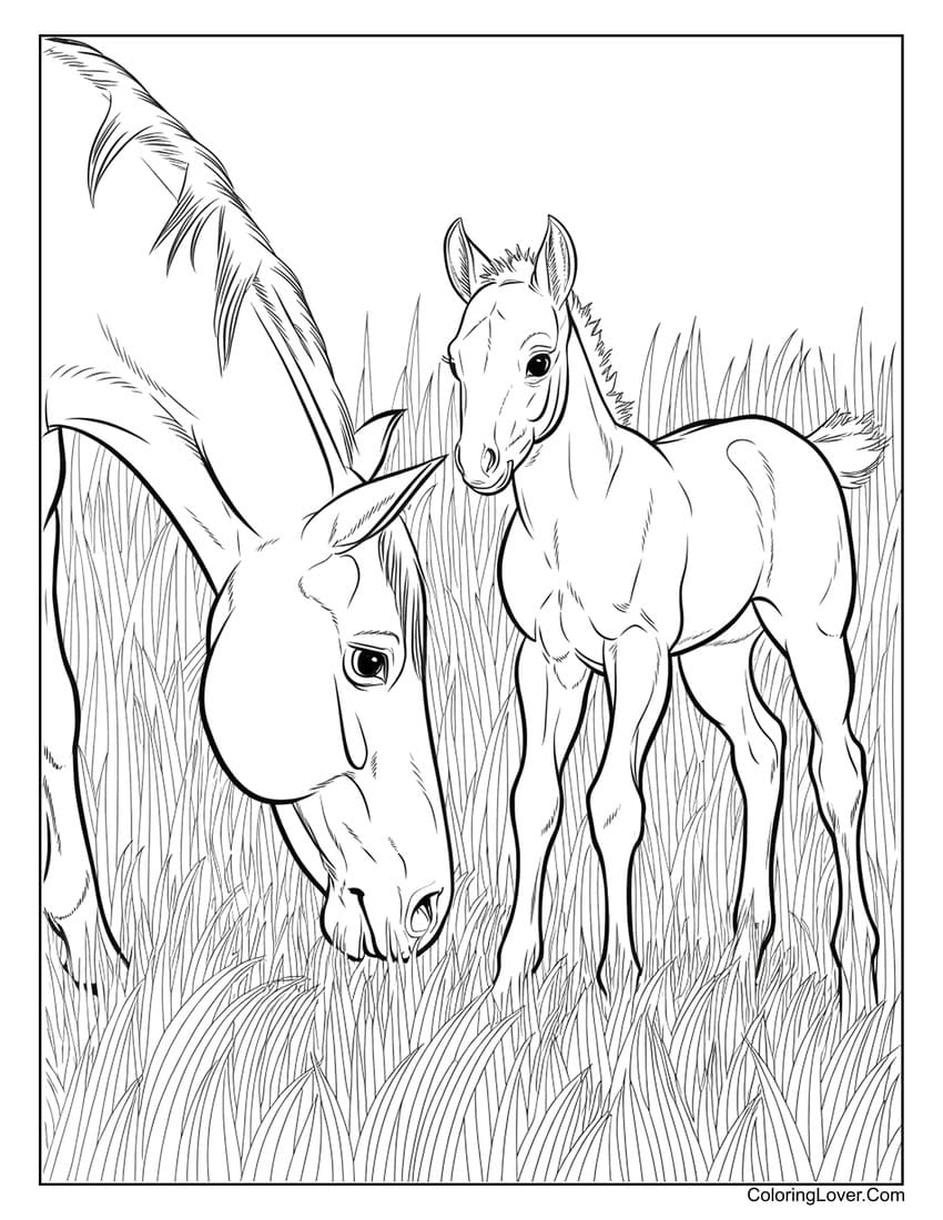 Horse and foal in field coloring sheet