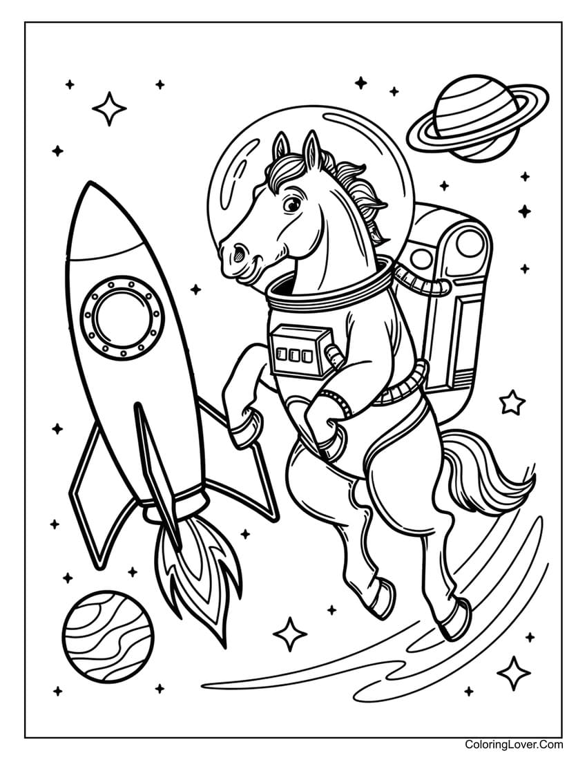 Horse astronaut floating in space coloring page