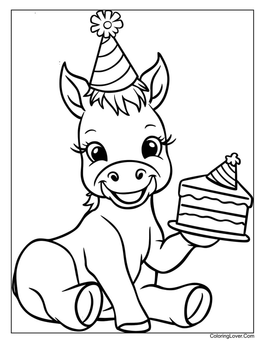 Horse at birthday party with cake coloring page