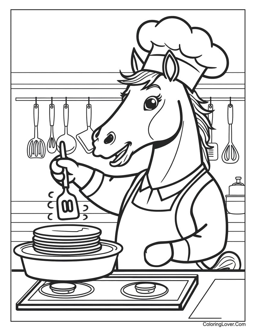 Horse cooking pancakes in a kitchen coloring page