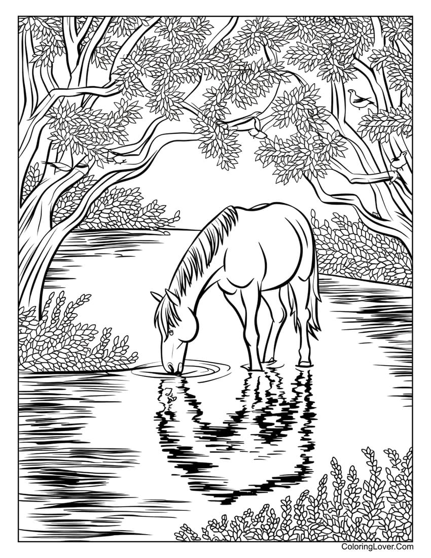 Horse drinking from forest pond