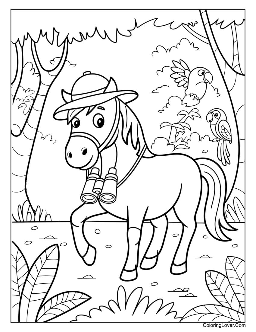 Horse explorer in the jungle with binoculars coloring page