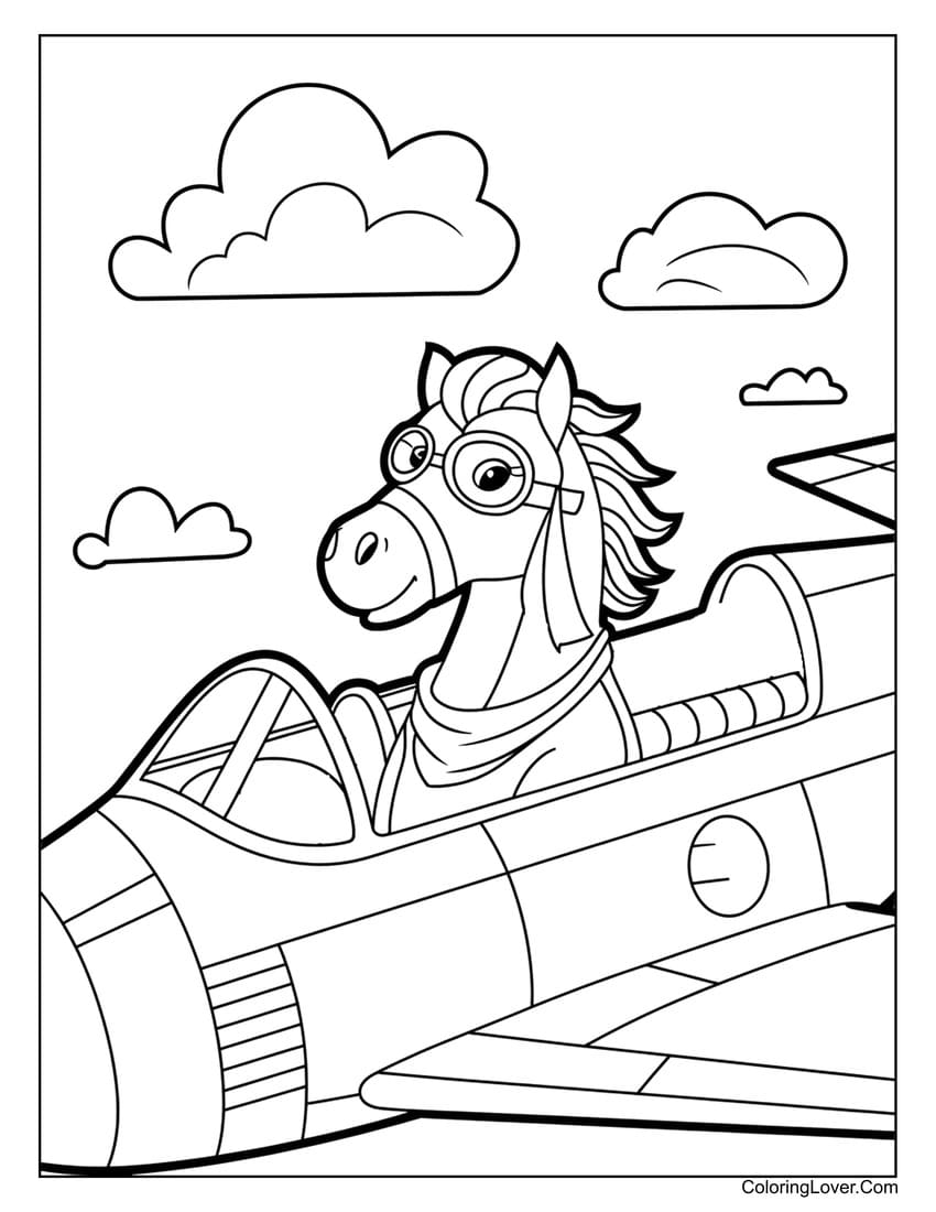 Horse flying an airplane coloring page