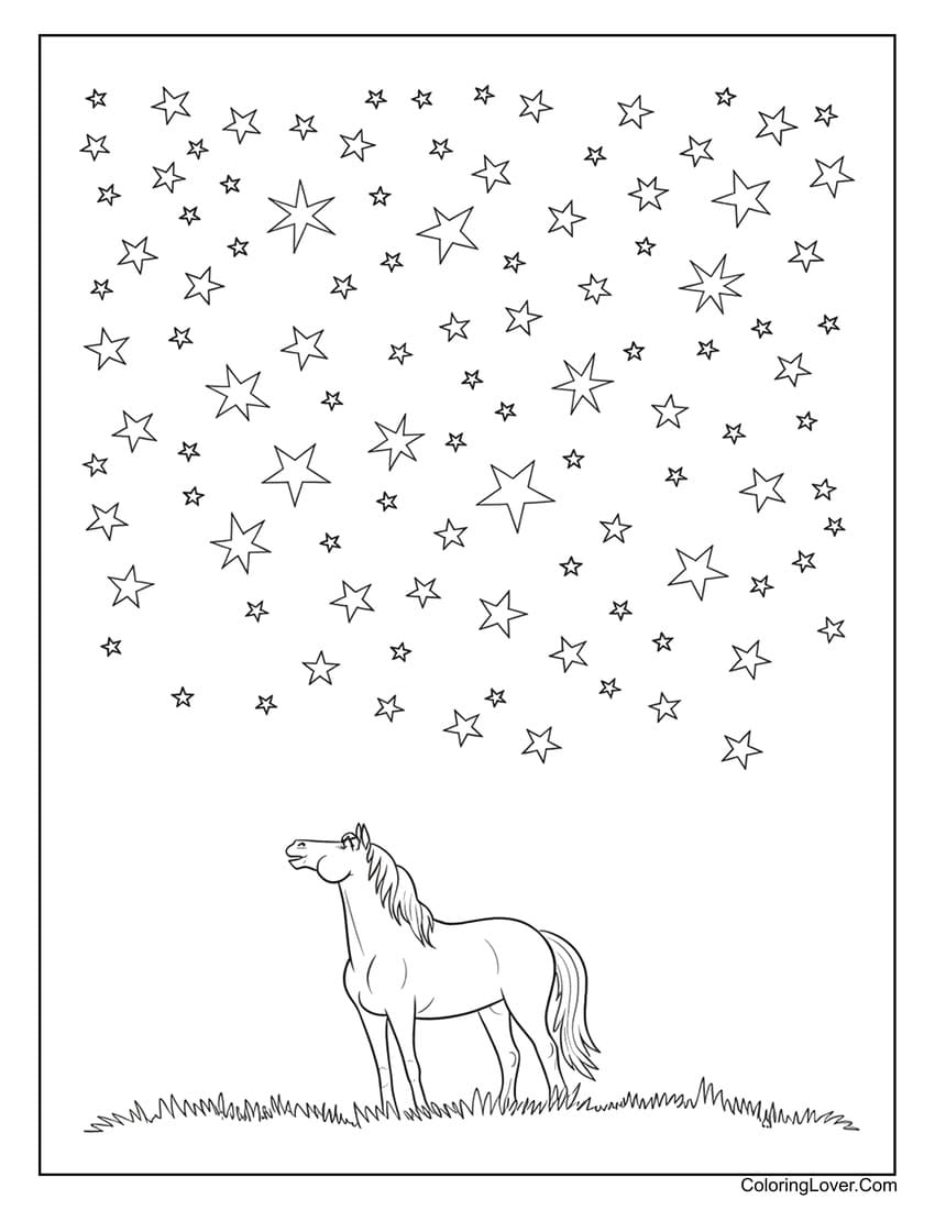 Horse gazing at starry sky coloring sheet