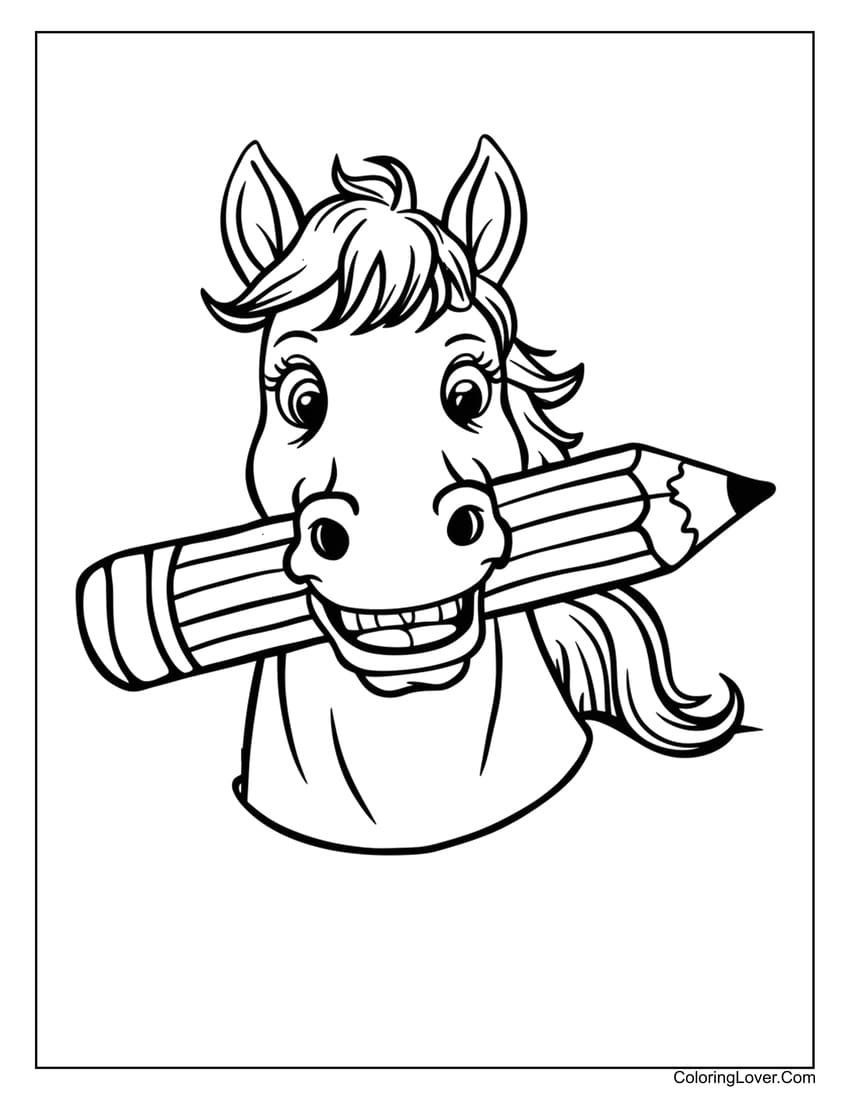Horse holding pencil in its mouth coloring page