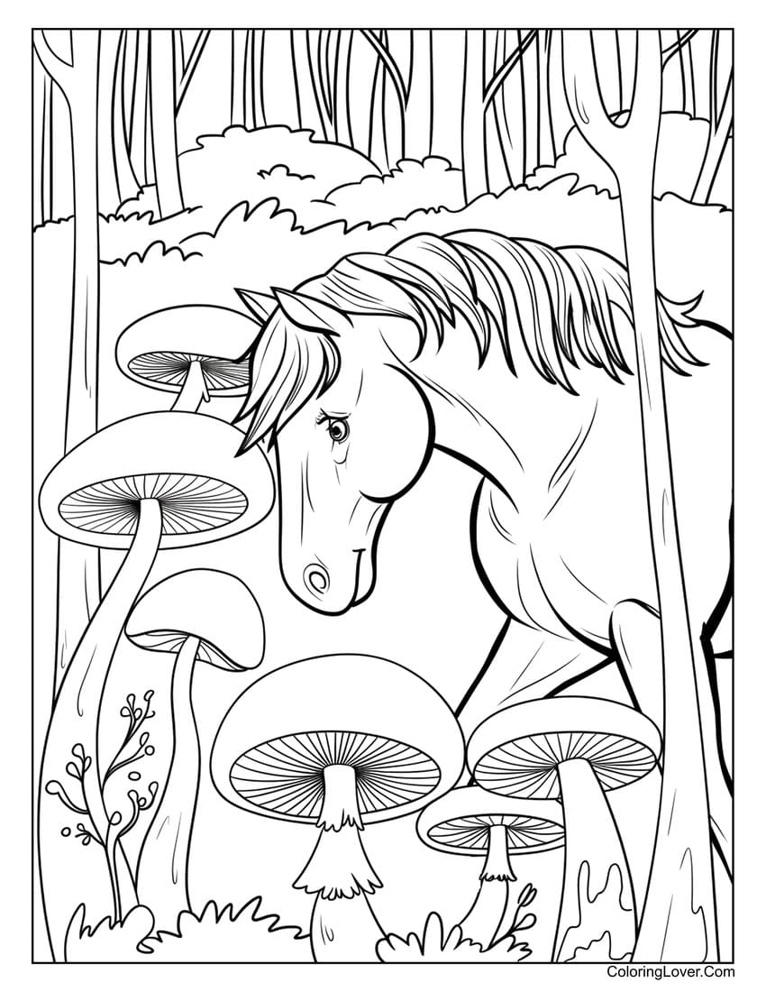 Horse in forest with giant mushrooms