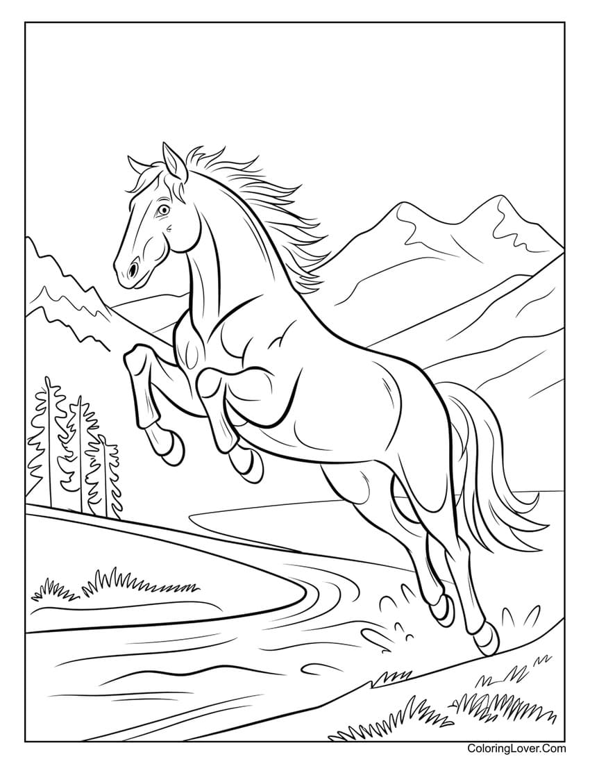 Horse leaping over a stream in the mountains coloring page