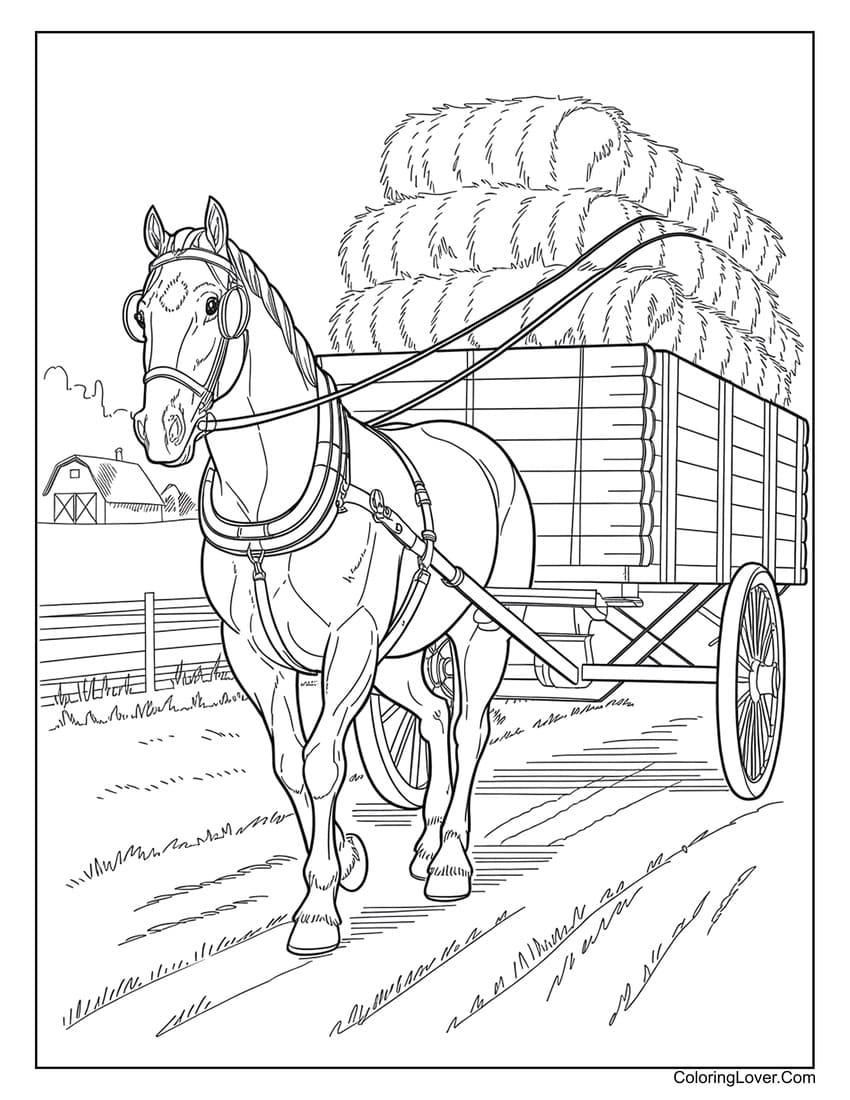 Horse pulling a hay cart down a country road coloring page