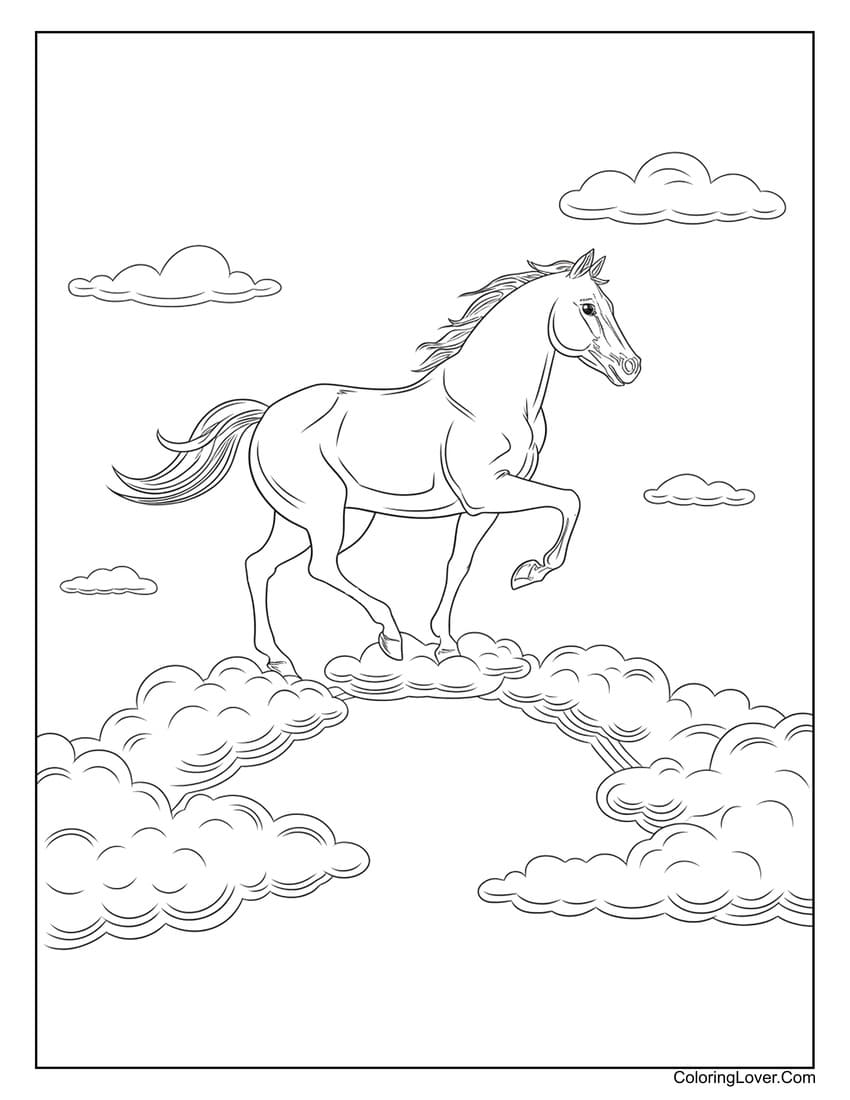 Horse running on clouds coloring page